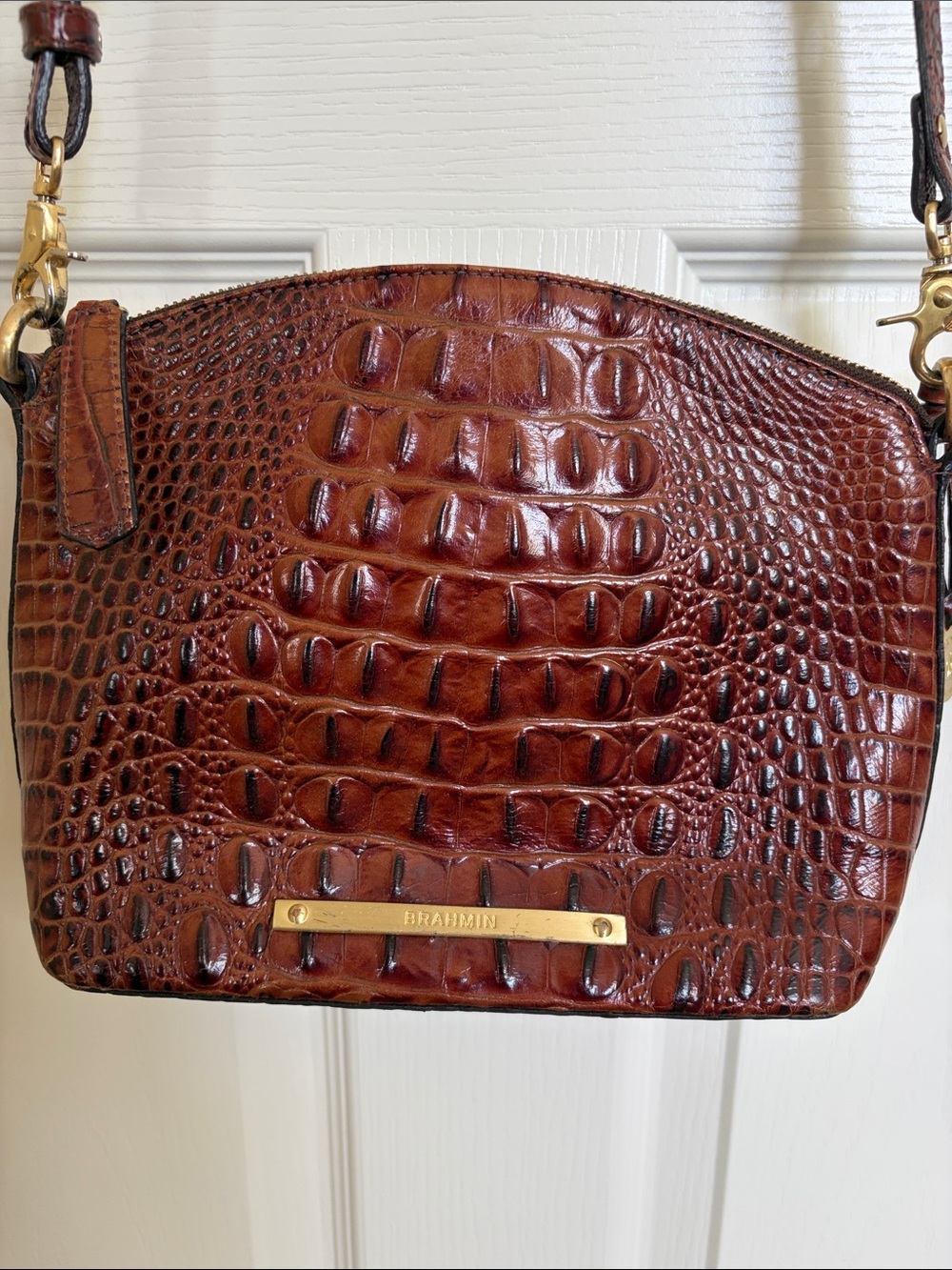 Brahmin Brown Croc-Embossed Leather Crossbody with Gold Hardware
